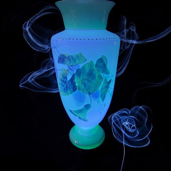 Antique Uranium Harrach Bohemian Hand Enameled Vase-Teal-Aqua-Turquoise-Glass - Picture 3 of 10